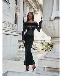 Miss Circle Women's Alexis Black Animal Print Fur Boatneck Maxi Dress