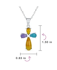 Bling Jewelry Cabochon Multi Color Jade Cross Pendant Necklace .925 Sterling Silver