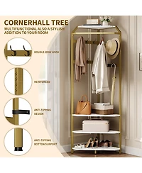 gaomon Corner Coat Rack With Shoe Bench and 6 Double Hooks, Corner Hall Tree - Clothes Rack With Storage Hall Tree With Organizer Shelf