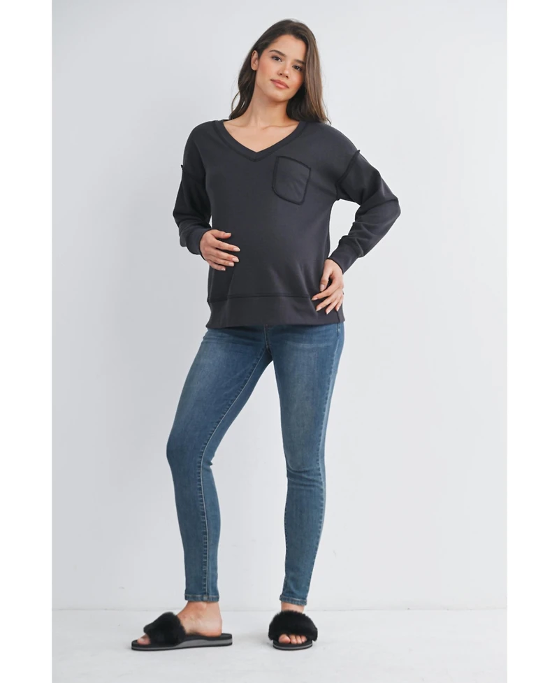Hello Miz Maternity V Neck Long Sleeve Front Pocket Sweatshirt