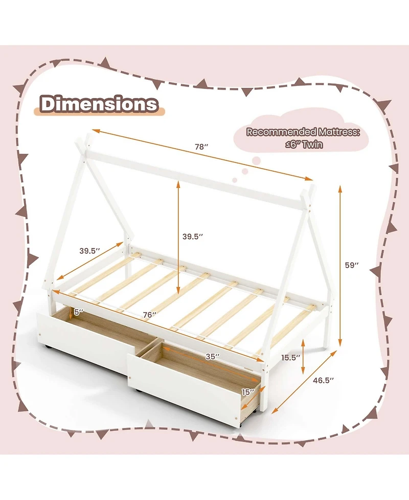Costway Twin Wooden House Bed with 2 Drawers Roof Storage for Boys & Girls