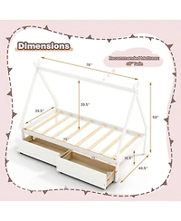Costway Twin Wooden House Bed with 2 Drawers Roof Storage for Boys & Girls