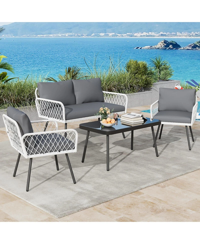 Gaomon Patio Furniture Set, 2 Pe Wicker Chairs with loveseat & Glass Top Coffee Table, Outdoor Couch Set with 5mm Cushions for Balcony