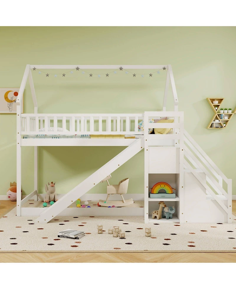 Costway Twin Over Bunk Bed with Slide & Staircase Storage Compartments