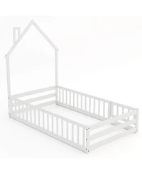 Costway Twin Montessori Floor Bed for Toddler with Lockable Door Full-Length Guardrail