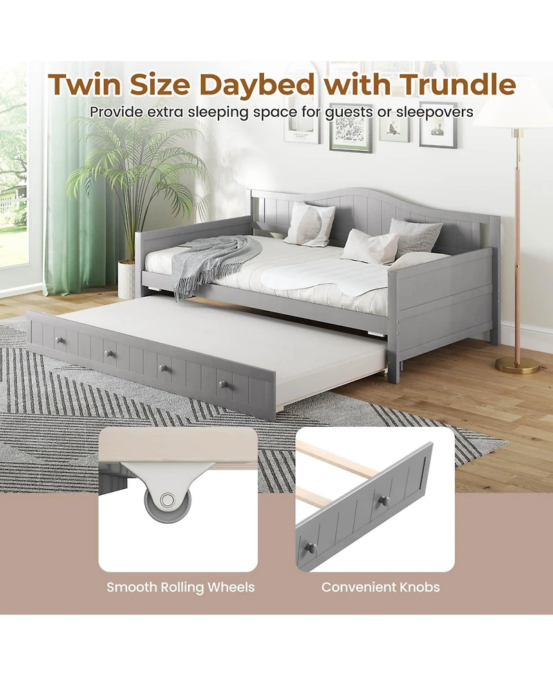 Costway Twin Size Daybed with Trundle Solid Wood Sofa Bed with Slats Support Guest Bed