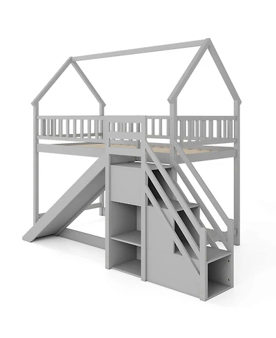 Costway Twin Over Bunk Bed with Slide & Staircase Storage Compartments