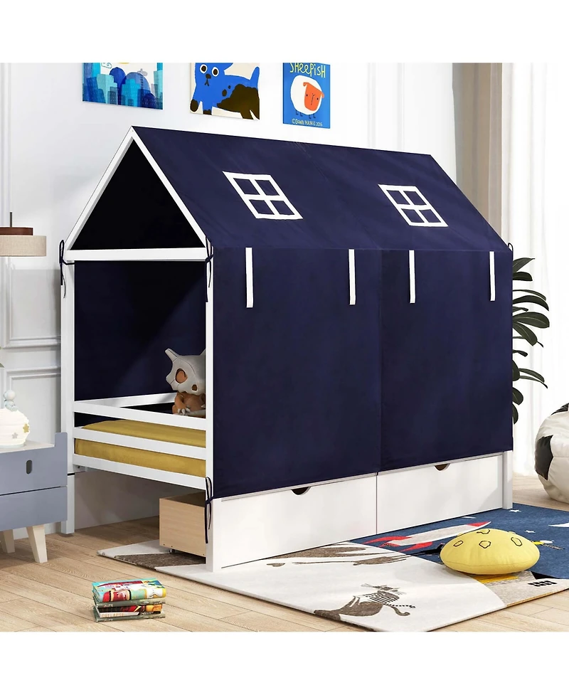 Costway Twin House Bed Solid Wood Playhouse Bed Low Loft Bed with Tent 2 Storage Drawers