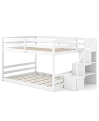 Costway Full Over Full Low Bunk Bed with Storage Stairs with Full-length Guardrails