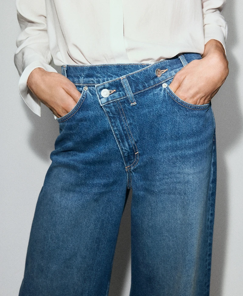 Mango Women's Crossover Waistband Wide-Leg Mid-Rise Jeans