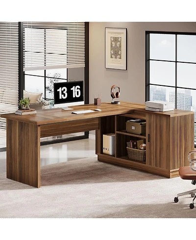 Tribesigns 70.8-Inch Fluted Executive Desk with File Cabinet, L-Shaped Office Desk with Storage Shelves, Large Modern Computer Desk