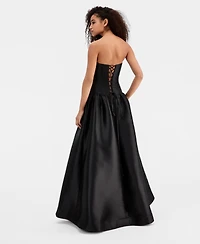 Rare Juniors' Mikado Strapless Drop-Waist Corset Ball Gown