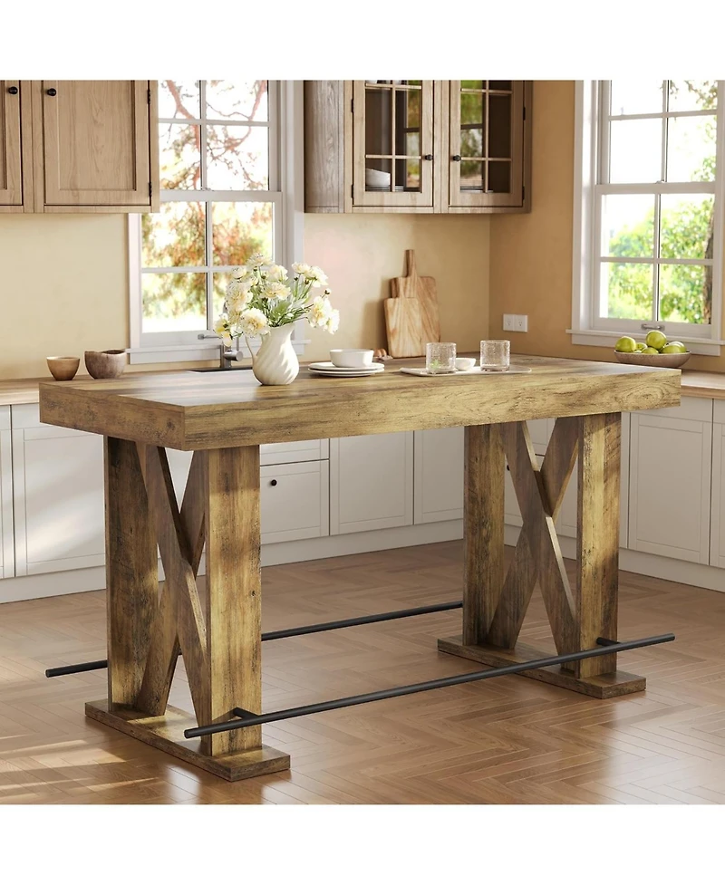 Tribesigns 63-Inch Industrial Bar Table with Metal Footrest, Kitchen Pub Table with Sturdy and Heavy Duty X-Base