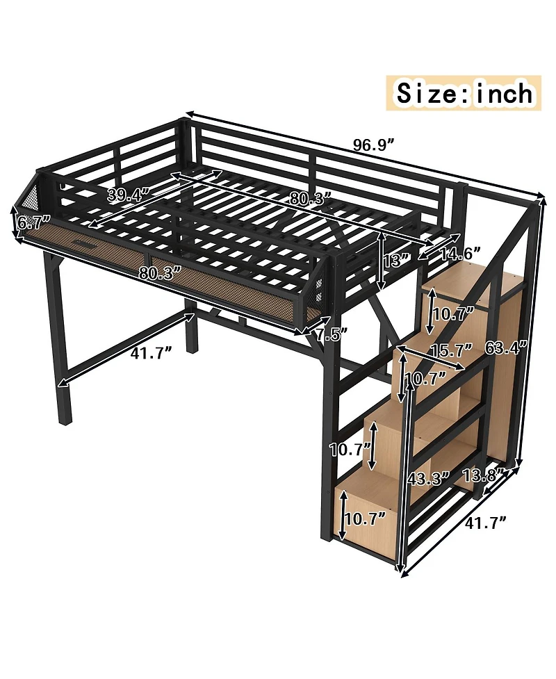 Streamdale Furniture Twin Xl Loft Bed with Storage Stairs, Shelves, Wardrobe, Usb, Led Lights