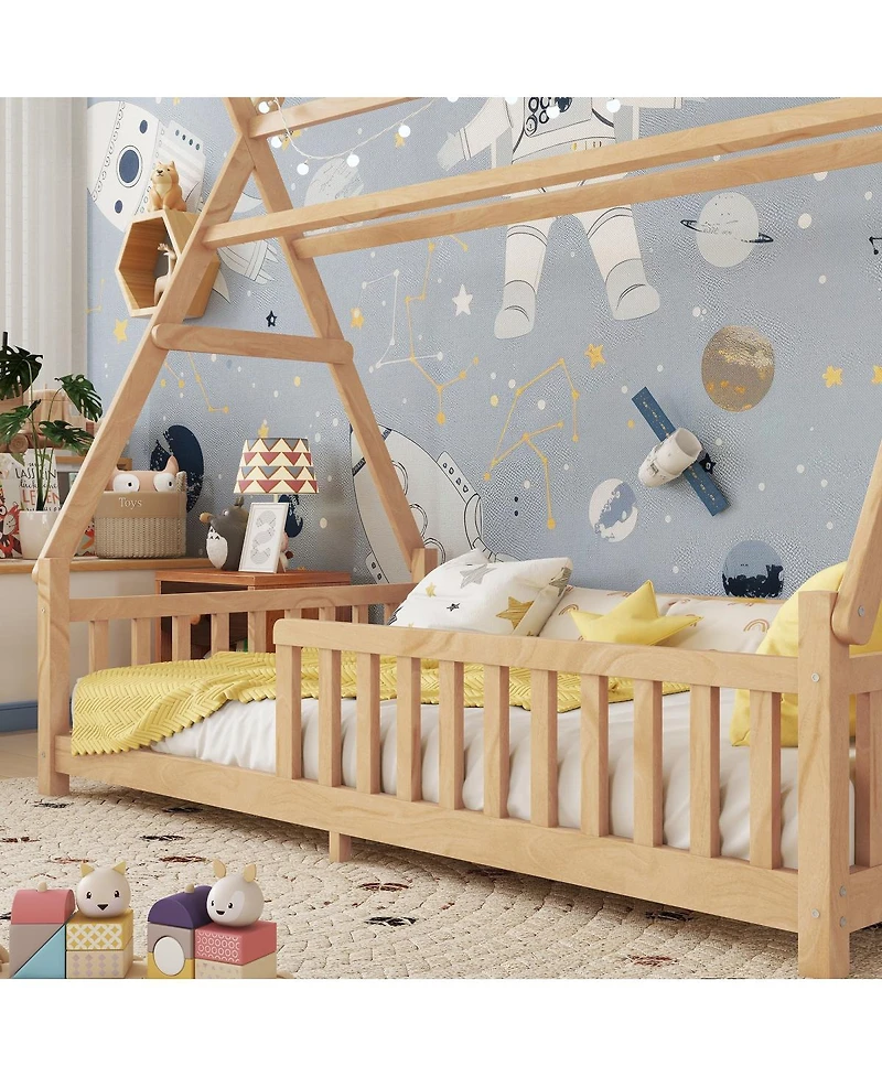 Draft - Streamdale Furniture Streamdale Twin House Bed with Light, Low Floor, Fence, Roof for Kids Boys Girls