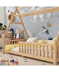 Draft - Streamdale Furniture Streamdale Twin House Bed with Light, Low Floor, Fence, Roof for Kids Boys Girls