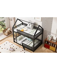 Streamdale Furniture Metal Twin over Twin House Bunk Bed with Fence and Door