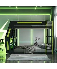 Streamdale Furniture Full-Size Gaming Bunk Bed with Rgb Desk, Usb Ports, Led Strip & Cable Grommet - Green