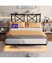 Streamdale Furniture Full Size Floating Bed Frame with Headboard, Usb & Led Lights