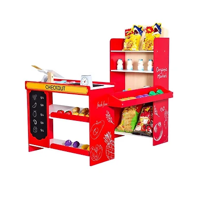 Slickblue Kids Grocery Store Playset, Wooden Play Store with Shopping Bag, Kids Supermarket Pretend Play Toy Set with Conveyor Belt