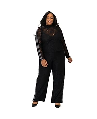 Poetic Justice Plus Size Curvy Black Lace Stripe Snap Cuff Zip Turtleneck