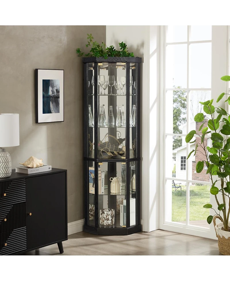 Streamdale Furniture Lighted Corner Curio Cabinet - Glass Display Case for Living Room & Bar Storage - Black