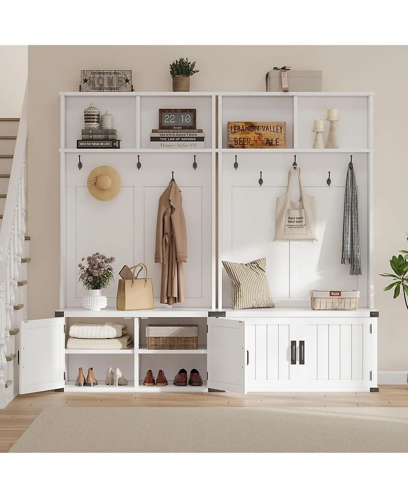 gaomon Hall Tree with Shoe Storage Bench, 4-In-1 Entryway Bench with Coat Rack & Adjustable Shlef & 2 Wood Door