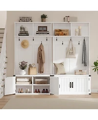 gaomon Hall Tree with Shoe Storage Bench, 4-In-1 Entryway Bench with Coat Rack & Adjustable Shlef & 2 Wood Door