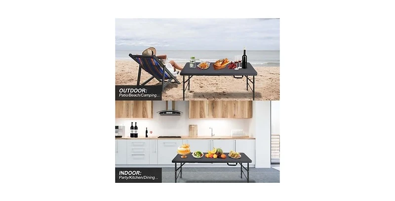 gaomon Folding Table 4FT, Heavy Duty Portable Plastic Folding Table with Handle, Anti-Slip Feet, Waterproof, Easy to Clean, Adjustable Height