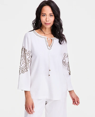 Jm Collection Women's Bead-Embellished Linen-Blend Top, Macy's Exclusive