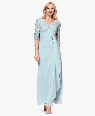 Betsy & Adam Petite Draped Lace Back Gown