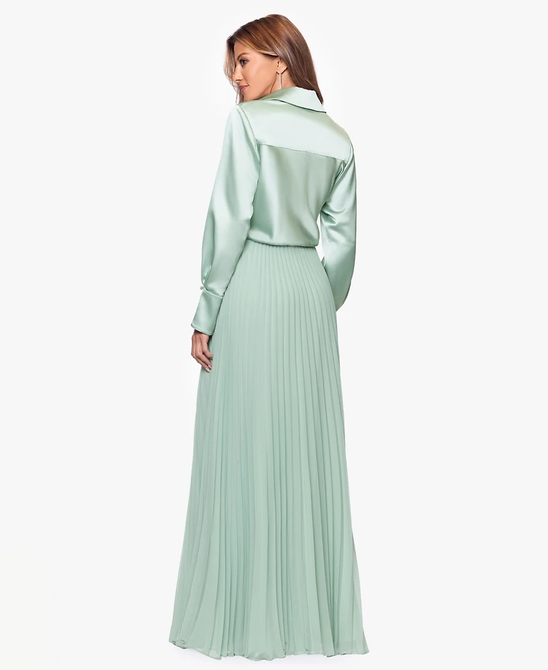 Xscape Women's Long Satin Long-Sleeves Collared Ball Gown