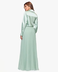 Xscape Women's Long Satin Long-Sleeves Collared Ball Gown