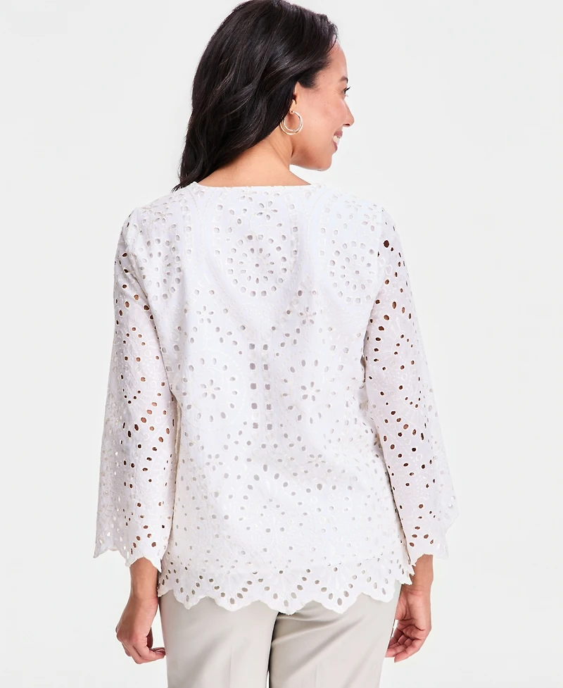 Jm Collection Women's Novelty Eyelet 3/4-Sleeve Top, Macy's Exclusive