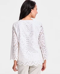 Jm Collection Women's Novelty Eyelet 3/4-Sleeve Top, Macy's Exclusive