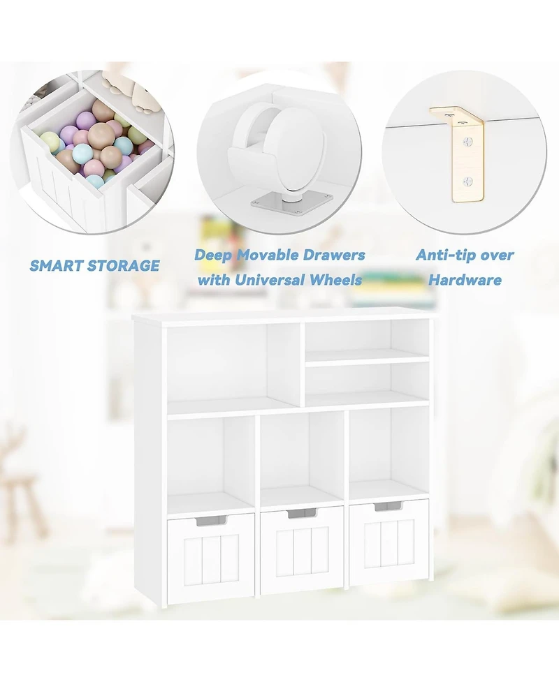 gaomon Toy Storage Cabinet with 3 Movable Drawers & 6 Cubes, Children's Toy Shelf Kids Bookshelf with Hidden Wheels