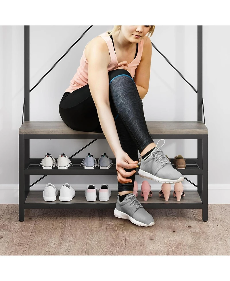 gaomon 72" Industrial Hall Tree with Shoe Bench & Coat Rack, Entryway Storage Organizer with 8 Hooks, 3-Tier Shelf & Metal Frame