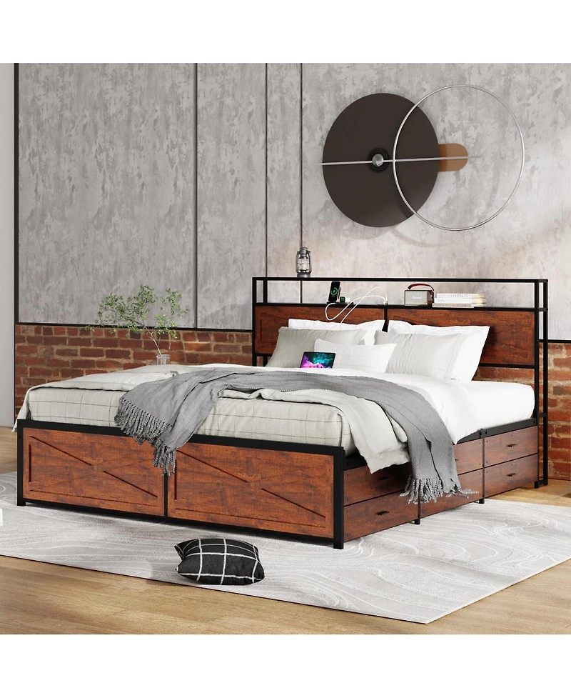 Streamdale Furniture King Bed Frame with Storage Headboard & 12 Drawers, Led Lights, Metal Platform