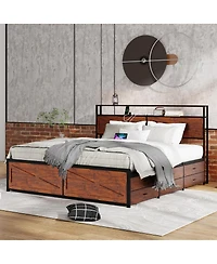 Streamdale Furniture King Bed Frame with Storage Headboard & 12 Drawers, Led Lights, Metal Platform