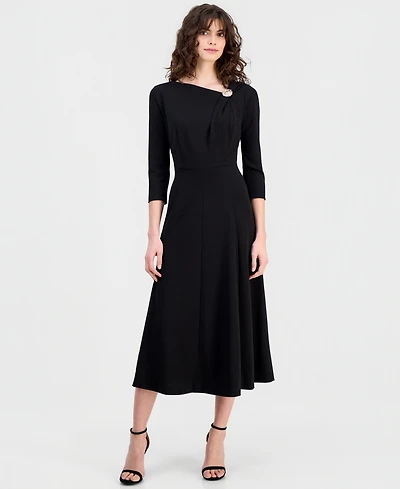Anne Klein Women's Asymmetric-Neck 3/4-Sleeve Midi Dress