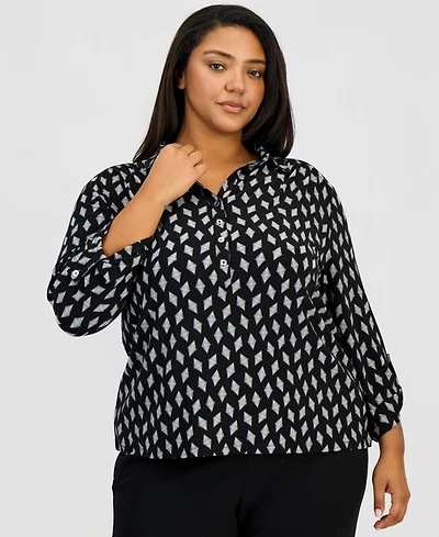 Anne Klein Essentials Plus Size Scrunched-Sleeve Knit Top