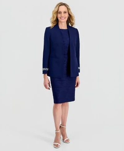 Kasper Womens Stretch Crepe Collarless Embellished Bracelet Sleeve Jacket Wave Knit Sheath Dress