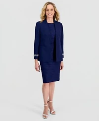 Kasper Womens Stretch Crepe Collarless Embellished Bracelet Sleeve Jacket Wave Knit Sheath Dress