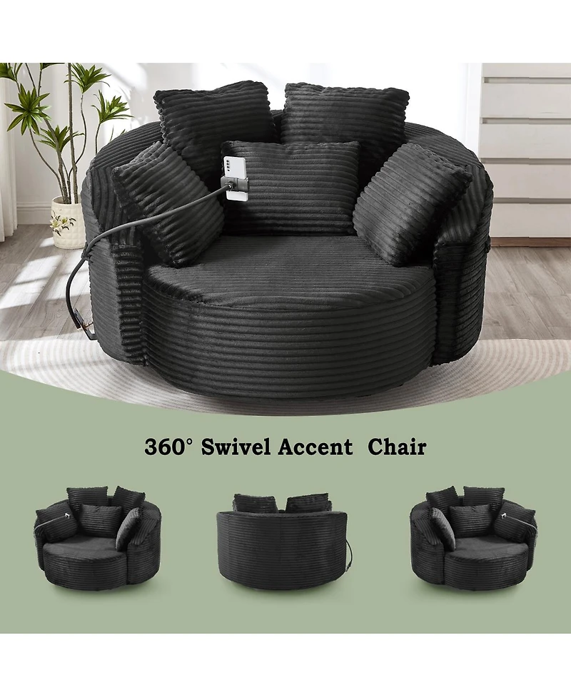 Streamdale Furniture360° Swivel Corduroy Accent Barrel Chair with 5 Pillows & Phone Holder, Black