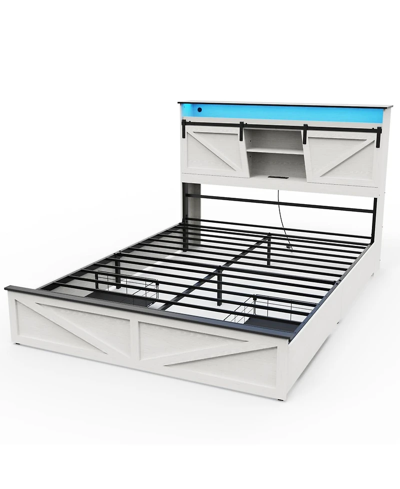 Streamdale Furniture Farmhouse Full Bed Frame w/ Storage Headboard, Drawers, Charging & Led Lights