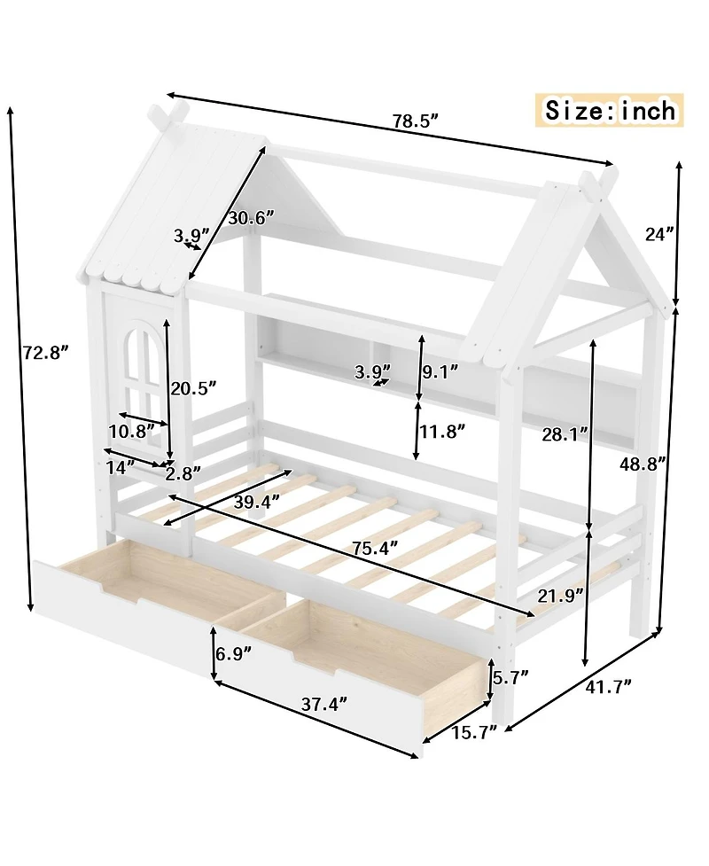 Streamdale Furniture Streamdale Twin House Bed with Storage Drawers and Window, Solid Wood
