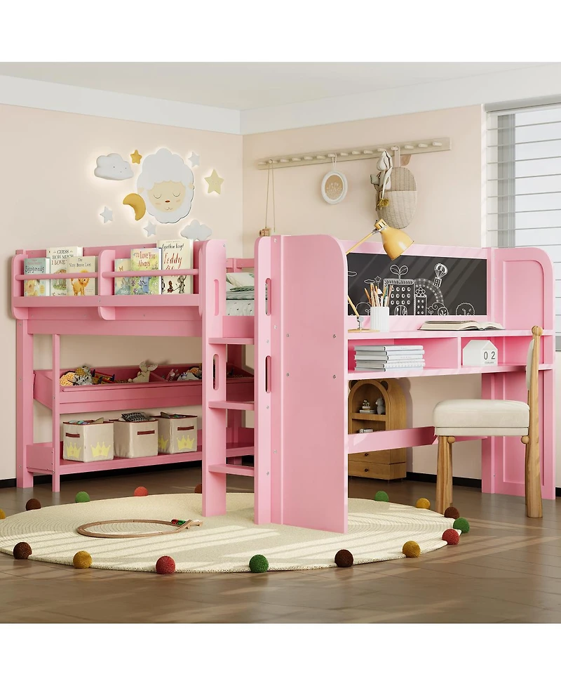 Streamdale Furniture Full Loft Bed with Multi-storage, Solid Wood Low Loft Bed with Desk