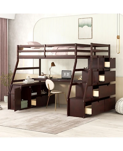 Streamdale Furniture Twin Size Loft Bed with 7 Drawers 2 Shelves and Desk - Espresso