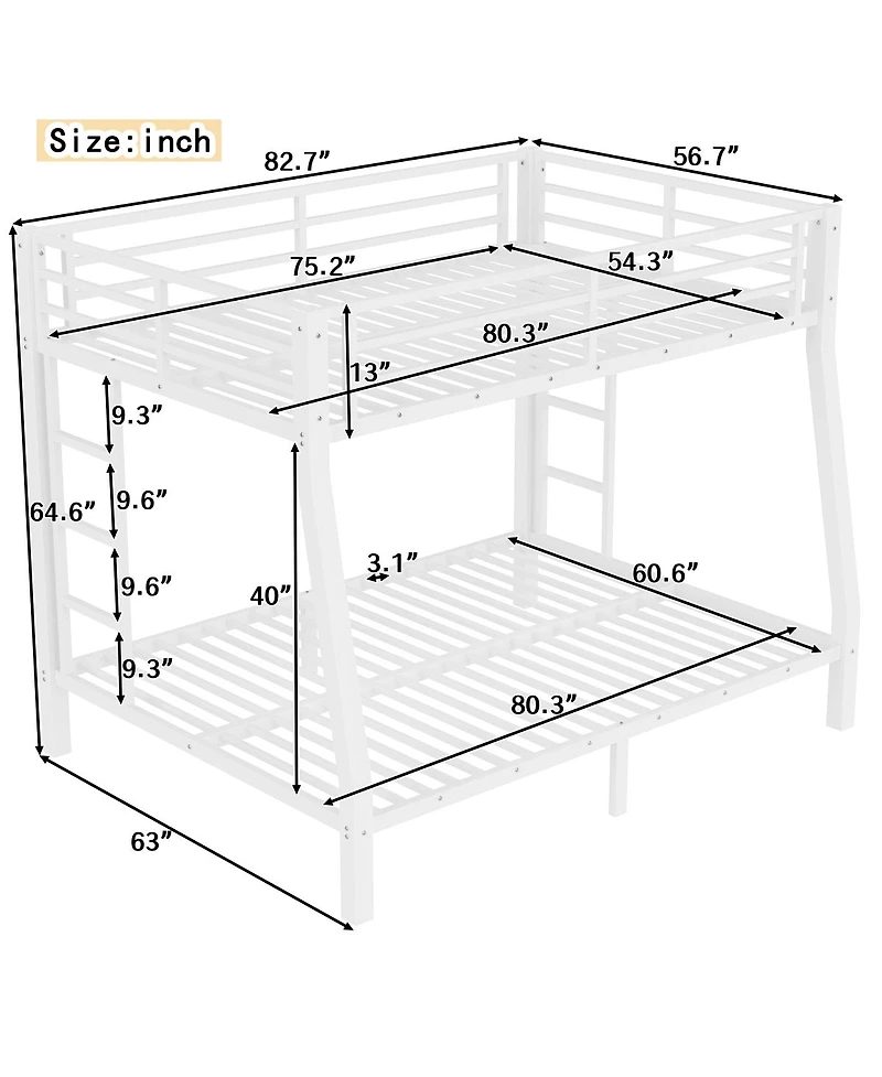 Streamdale Furniture Metal Full Xl over Queen Bunk Bed for Teens/Adults - Space-Saving, Noise Reduced, No Box Spring