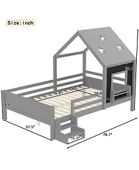 Streamdale Furniture Full House Beds with Low-Profile Stairs, Window, Bookcase, Blackboard, Star Roof, Gray